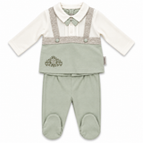 Ensemble bébé : haut blanc à col rond, salopette gris, pantalon vert menthe