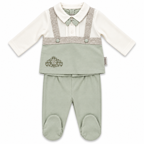 Ensemble bébé : haut blanc à col rond, salopette gris, pantalon vert menthe