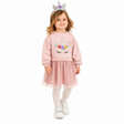 Robe rose à manches longues, jupe en tulle et motif licorne sur le devant.