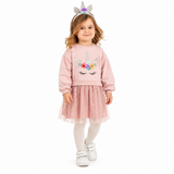 Robe rose à manches longues, jupe en tulle et motif licorne sur le devant.