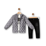 Ensemble enfant : veste à capuche grise à imprimé clair et pantalon noir