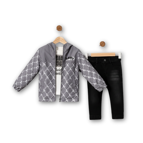 Ensemble enfant : veste à capuche grise à imprimé clair et pantalon noir
