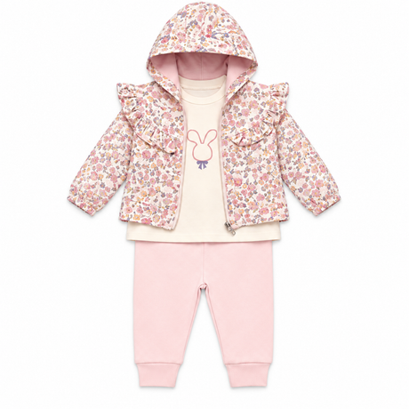 Ensemble bébé lapin rose : veste à capuche fleurie et pantalon rose