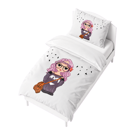 Housse de couette blanche 160x220 cm, dessin fille cheveux roses