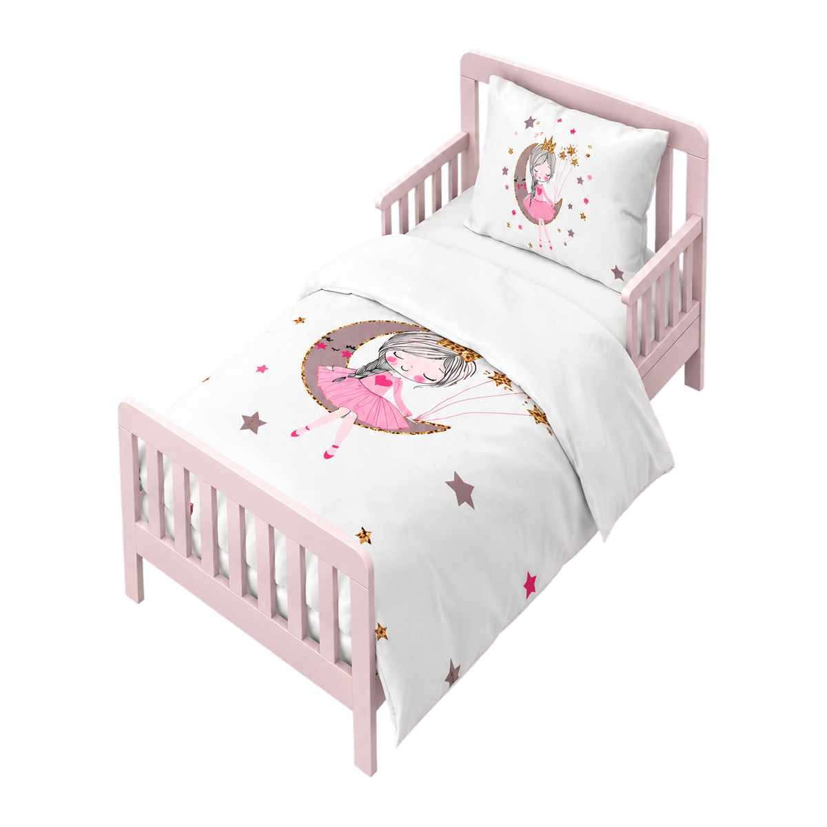 Housse de couette blanche avec illustration princesse et étoiles multicolores