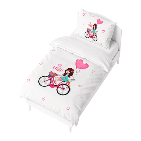 Housse de couette blanche avec motif vélo rouge et cœurs roses