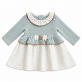 Robe enfant bleu-vert manches longues, jupe blanche à motif, col et volants décorés fleurs