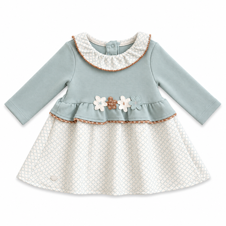 Robe enfant bleu-vert manches longues, jupe blanche à motif, col et volants décorés fleurs