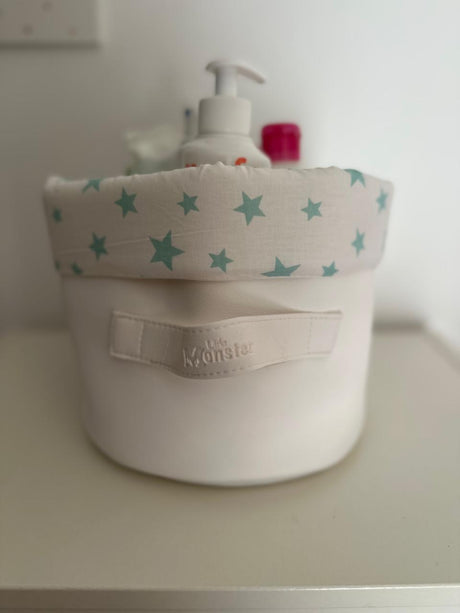 Panier Miami rond blanc avec bande de tissu étoiles vertes, doublure et étiquette