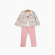 Ensemble pour enfant: veste rayée rose/blanc avec nœud, pantalon rose uni.