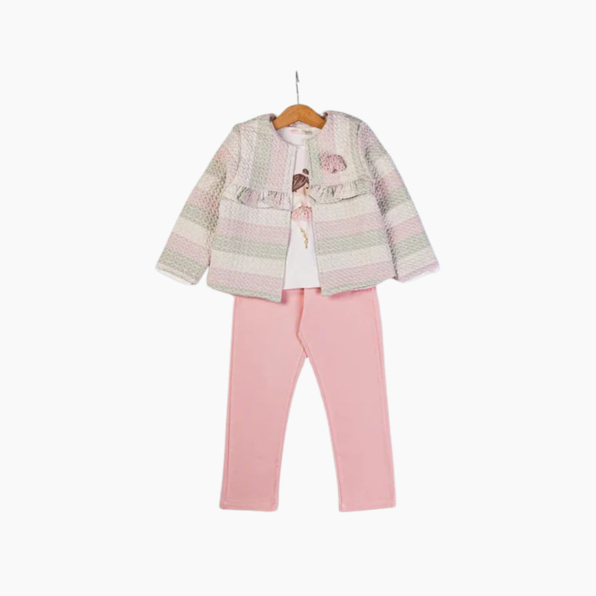 Ensemble pour enfant: veste rayée rose/blanc avec nœud, pantalon rose uni.