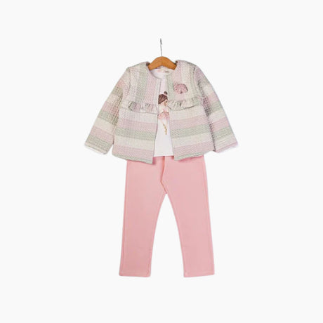 Ensemble pour enfant: veste rayée rose/blanc avec nœud, pantalon rose uni.