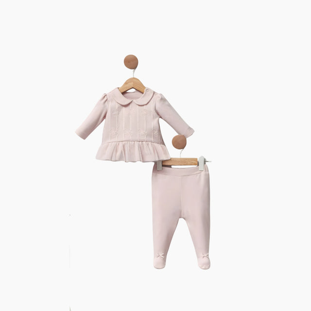 Ensemble bébé Tulia: robe à manches longues et pantalon rose clair