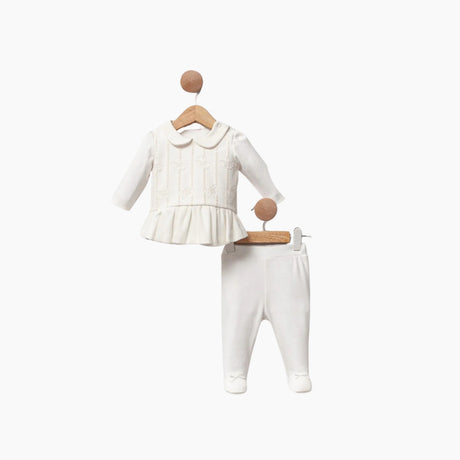 Ensemble bébé blanc : tunique à col rond et volant, pantalon long