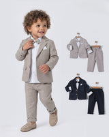 Ensemble veste et pantalon enfant beige clair/gris, poches et fermeture boutonnée