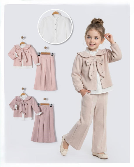 Ensemble fille Sugar love : veste beige, pantalon et tenue rose pâle assortie