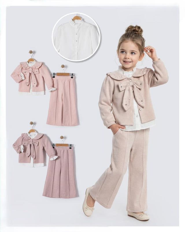 Ensemble fille Sugar love : veste beige, pantalon et tenue rose pâle assortie