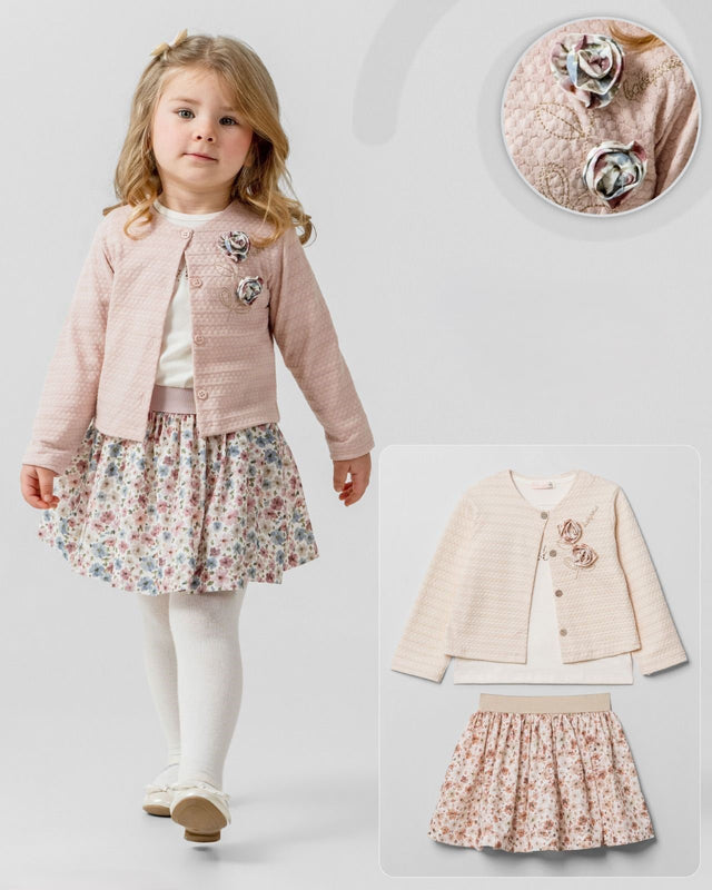 Ensemble fille : veste rose clair texturée et jupe en tissu fleuri