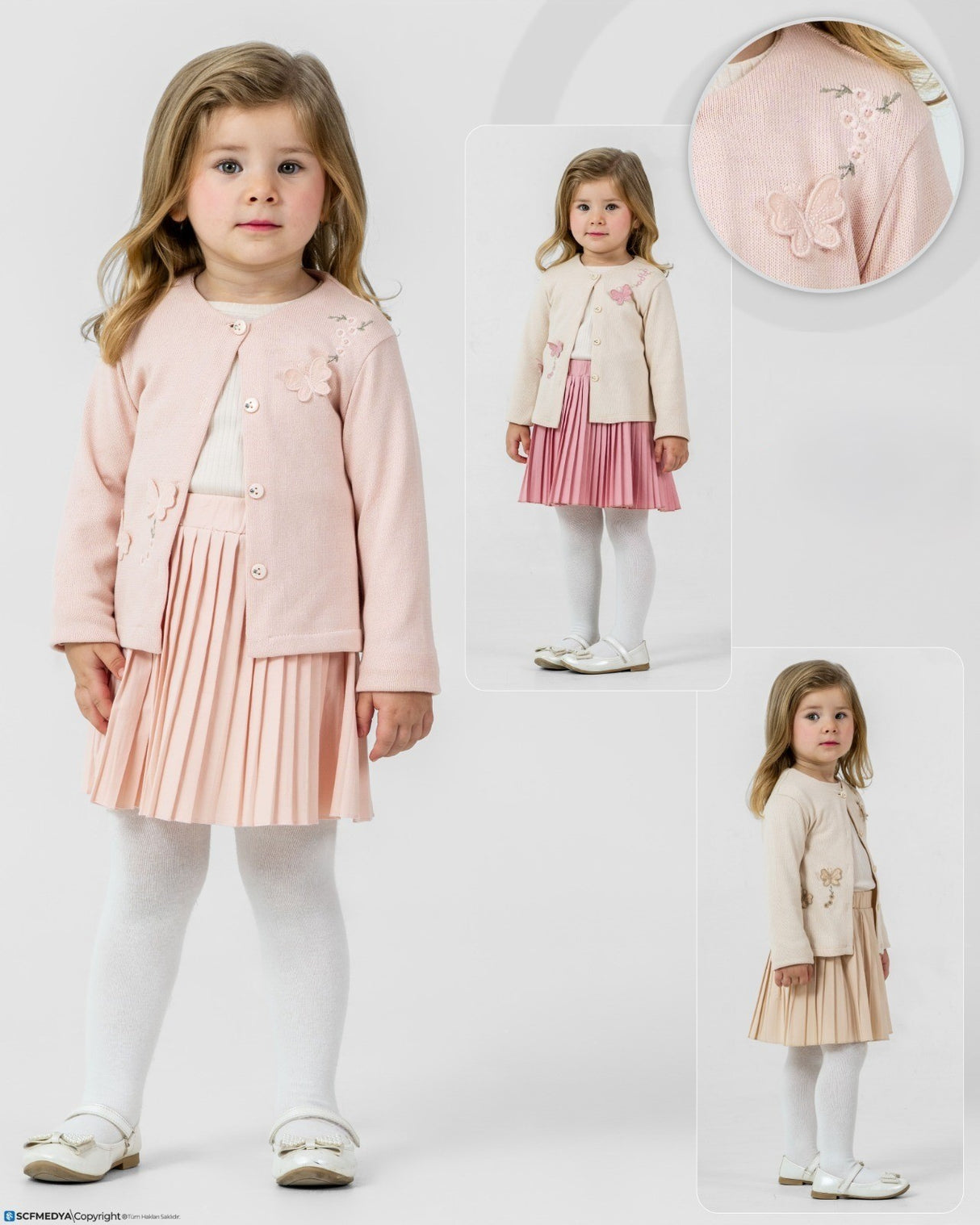 Ensemble fille rose pâle : haut boutonné manches longues et jupe plissée, avec collants