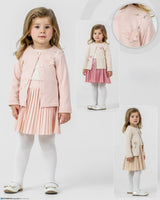 Ensemble fille rose pâle : haut boutonné manches longues et jupe plissée, avec collants