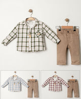 Ensemble bébé à carreaux vert et blanc, pantalon beige