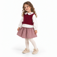 Robe enfant bordeaux tricoté, col blanc et jupe à carreaux rouges