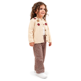 Veste enfant beige avec appliqués fleurs bordeaux et pantalon à carreaux
