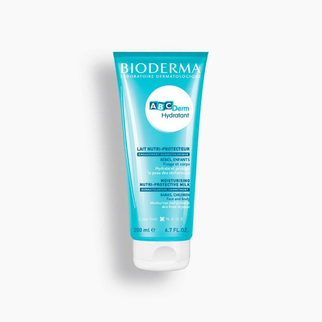Tube de lait hydratant ABCderm 200 ml, couleur bleu, bouchon blanc