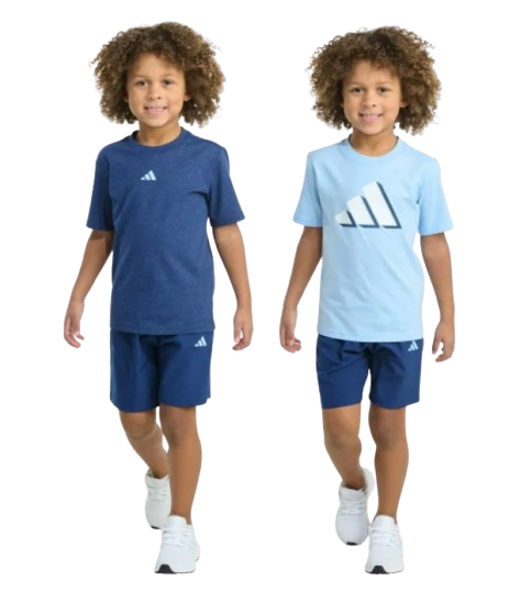Ensemble Adidas : t-shirts bleu foncé/clair à logo et shorts assortis, vue de face