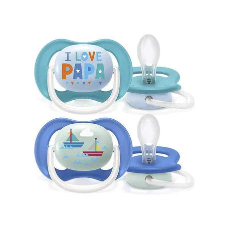 Lot de 2 sucettes orthodontiques Ultra Air Happy : aqua et bleu, avec clip