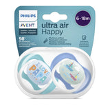 Boîte de 2 sucettes orthodontiques Ultra Air Happy 6-18 mois, embouts aqua et bleu