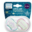 Lot de 2 sucettes orthodontiques 0–6 mois, anneaux à motifs fantaisie, bleu vert et violet