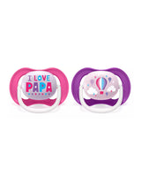 Deux sucettes orthodontiques Ultra Air, I Love Papa, embouts roses et violets