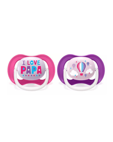 Deux sucettes orthodontiques Ultra Air, I Love Papa, embouts roses et violets