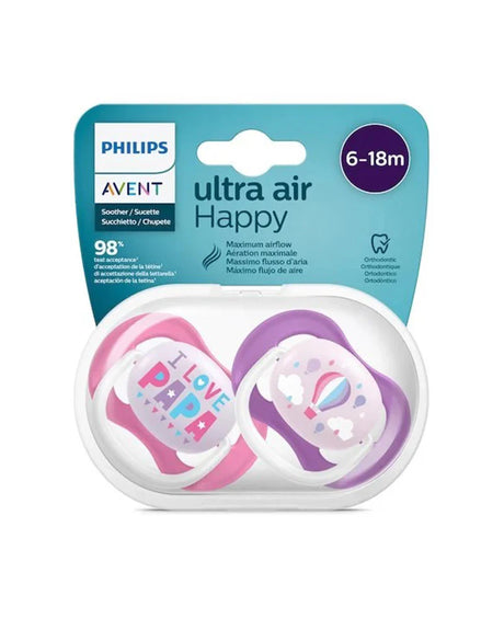 Emballage Philips Avent Ultra air Happy, 6-18 mois, 2 sucettes roses et violettes