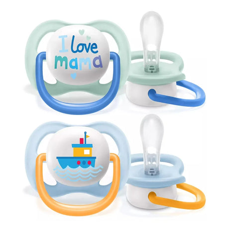 Lot de 2 sucettes orthodontiques AVENT : I love mama turquoise, bateau orange/bleu