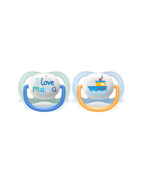 Lot de 2 sucettes orthodontiques AVENT : I love mama et bateau, anneaux bleu et orange