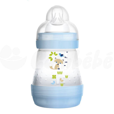 Biberon anti-colique bleu avec tétine transparente et motifs animaliers, 160 ml