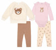 Ensemble bébé ourson assorti: pull crème, pantalon brun à pois; body rose ourson.