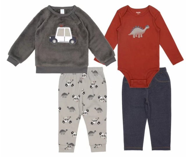 Ensemble bébé : haut gris imprimé voiture et pantalon clair à motifs dinosaures