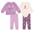 Ensemble bébé lilas : pull en peluche lapin et pantalon à petits motifs.