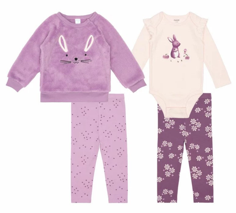Ensemble bébé lilas : pull en peluche lapin et pantalon à petits motifs.