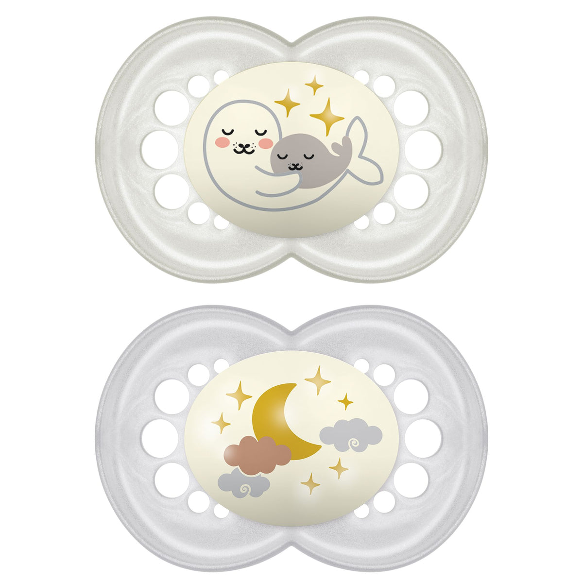 Lot de 2 sucettes nuit 6 mois+ à téterelle translucide et motif lune et étoiles