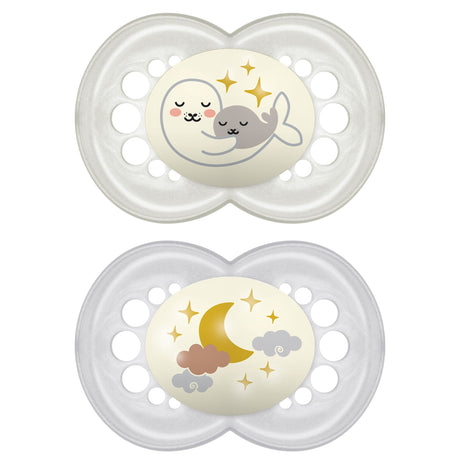 Lot de 2 sucettes nuit 6 mois+ à téterelle translucide et motif lune et étoiles