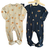 Ensemble de pyjamas bébé, grenouillères beige et bleu marine à zip, motifs étoiles
