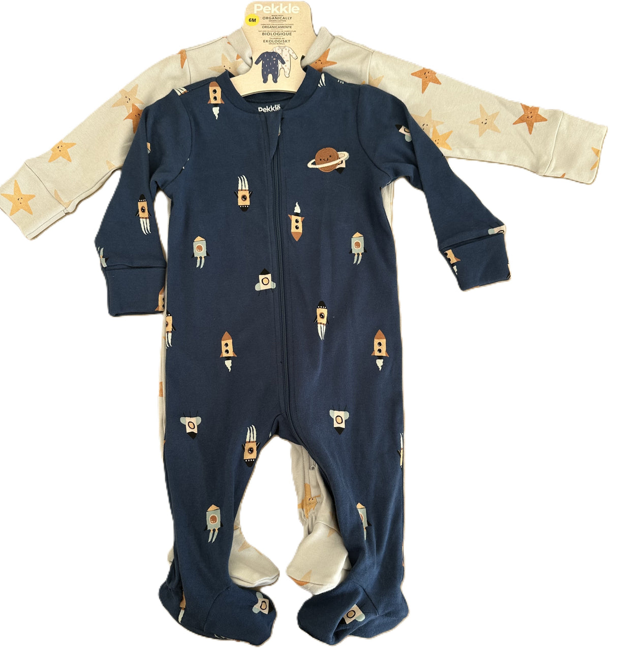 Grenouillère bébé bleu marine à zip, motifs fusées et planètes, manches longues