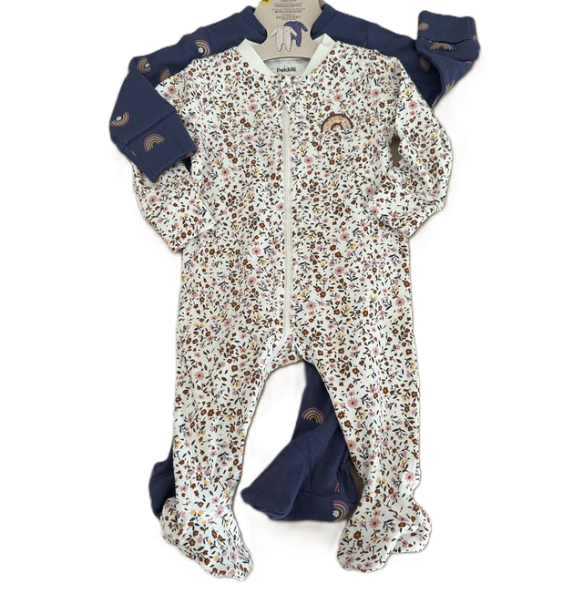 Ensemble pyjama bébé à fleurs, fermeture zippée et poignets bleu marine