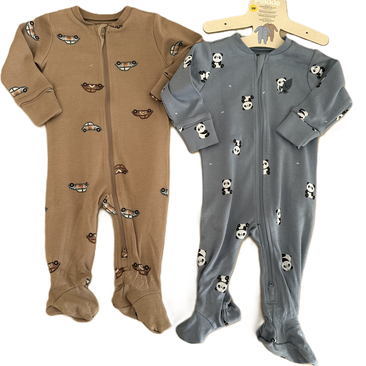 Combinaisons bébé zippées motif pandas, beige et bleu gris, manches longues