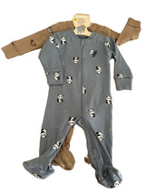 Combinaison bébé zippée bleu gris motif pandas, pieds et manches longues