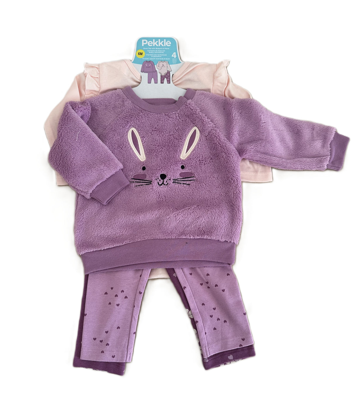 Ensemble bébé violet : pull en peluche lapin et pantalon imprimé petits cœurs.